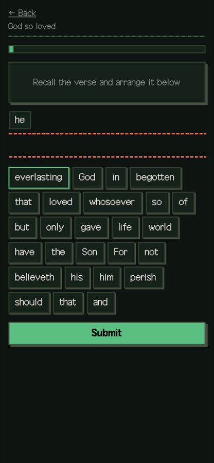 Arranging word tiles to complete a verse