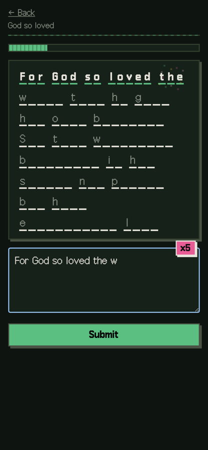 Typing words into the blanks of a verse